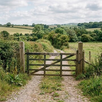 Rustic wooden gate on a gravel path leading through green countryside fields and rolling hills under a cloudy sky