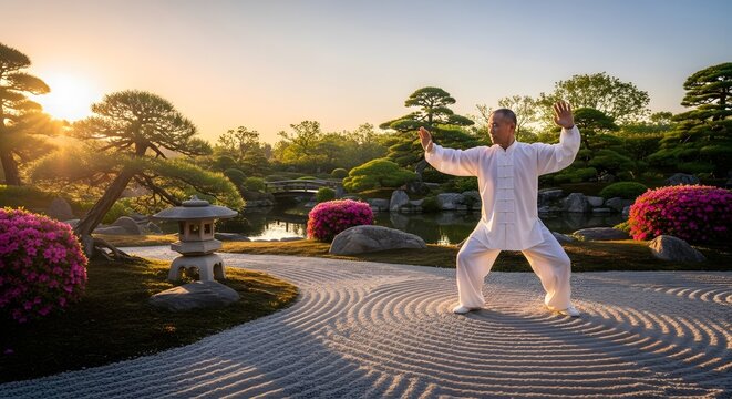 Man practicing Tai Chi in traditional Japanese zen garden at sunset.