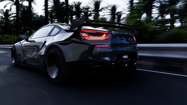 Sports car on road with palms