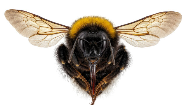 Fluffy bumblebee with yellow stripes and transparent wings, isolated on transparent background