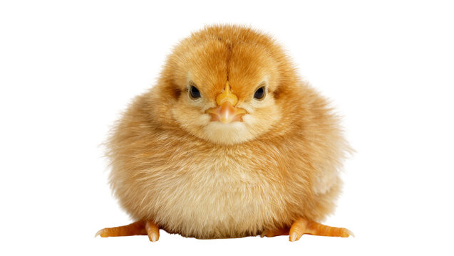 Fluffy golden chick with orange beak and black eyes, isolated on transparent background
