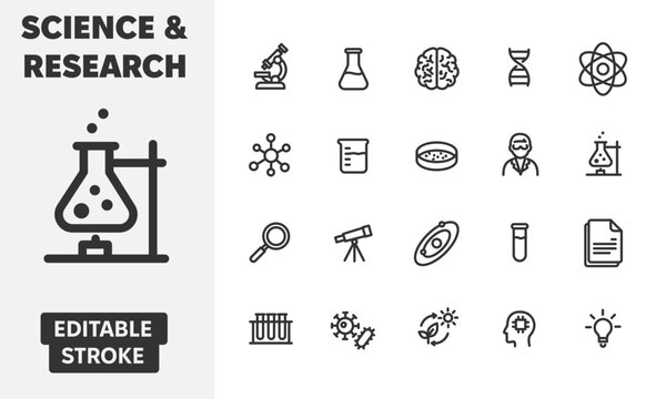Science and research line icon set. Collection of laboratory equipment, chemistry, biology, physics, and medical study outline icons. Editable stroke.