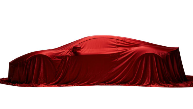 Luxury sports car covered with a red velvet cloth, isolated on transparent background