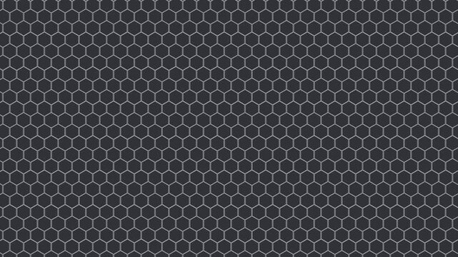 Seamless scrolling grey hexagon honeycomb on charcoal pattern, looping animated background for video titles and streams, 4K 58 seconds
