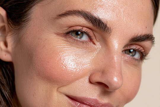 Dewy skin close up glowing cheek natural complexion female face macro portrait wellness radiance