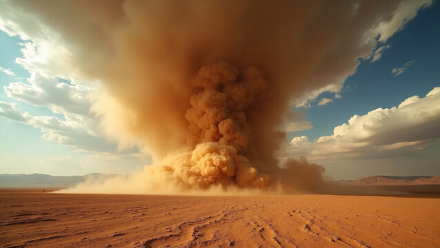Huge towering sandstorm cloud rises from desert ground, vast arid plain, distant mountains and fluffy white clouds.