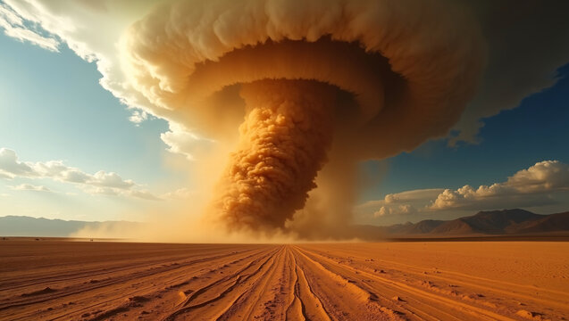 Giant mushroom-shaped sand tornado rises over desert. Long tire tracks stretch forward, distant mountains and bright blue sky.