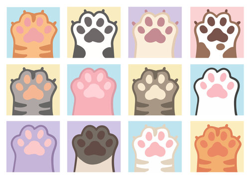 Collection of cute cartoon cat paws with various colors and patterns in a grid
