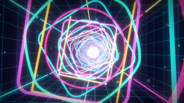 Retro synthwave neon corridor loop with glowing colorful geometric