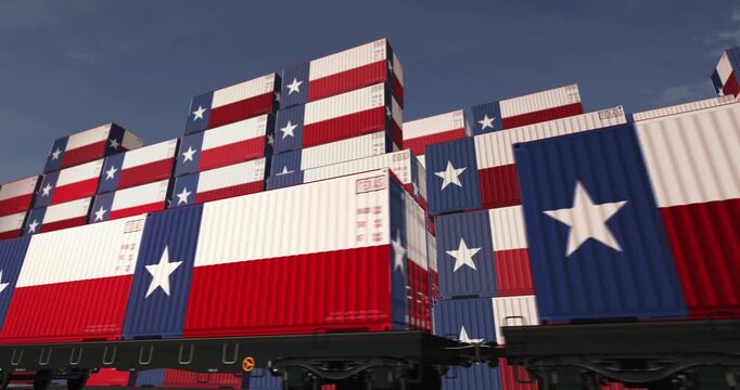 Texas USA export production and import containers on a freight wagons loop. Business concept of railway train transport and shipping with a Texas flag. 3D loopable and seamless animation.