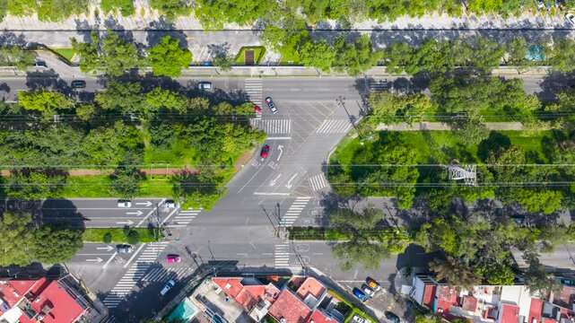 Top-down aerial timelapse of cars driving in both directions and making U-turns at a tree-lined avenue intersection with a green median