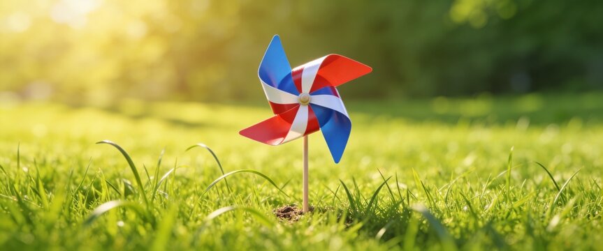 A vibrant red, white, and blue pinwheel stands in lush green grass under warm golden sunlight, offering a symbolic visual for renewable energy or childhood leisure concepts.