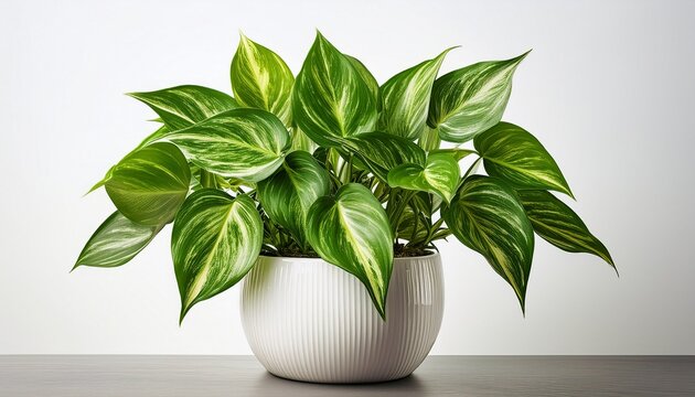 green pothos plant with variegated leaves in a white pot isolated on white background