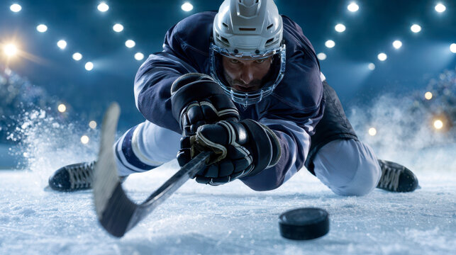 Hockey player is shooting puck on ice in indoor arena during night game