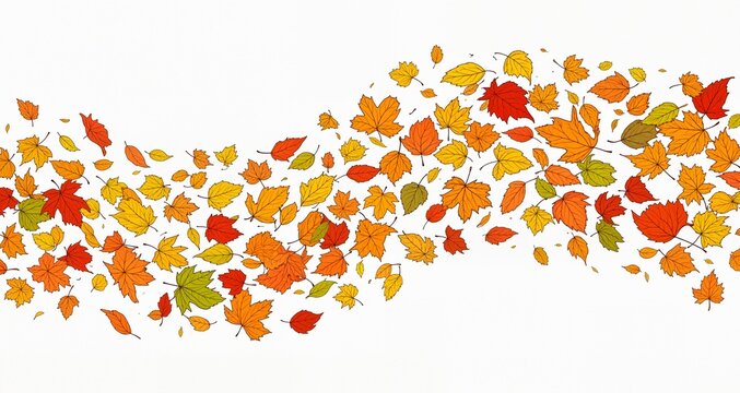 Various autumn leaves in the wind on white background. Wave of falling leaves. Hand drawn vector illustration.
