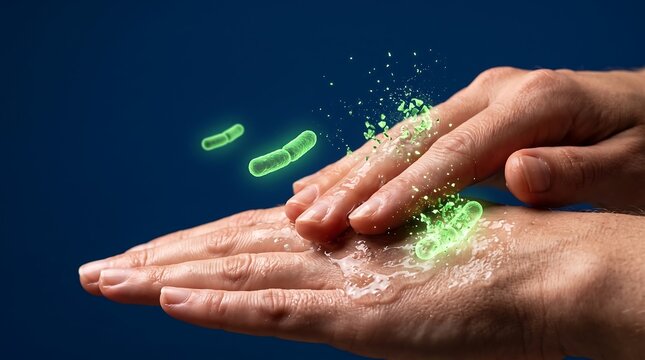 Thorough hand washing removes glowing green bacteria, illustrating effective germ elimination and essential hygiene for robust health protection and cleanliness