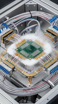 Quantum processor, advanced quantum computing laboratory infrastructure, displaying cryogenic technology, electronic circuit, intricate wiring, and operational cooling vapor.