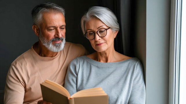 Reading together at home in a cozy corner with natural light coming from the window