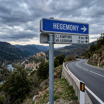 Road sign pointing towards Hegemony Empire and Leodium with a medieval village and valley landscape