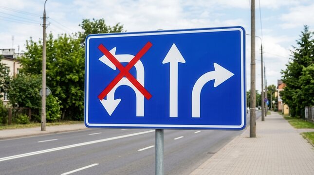 Road sign showing forbidden left turn and allowed straight right turn and U turn options