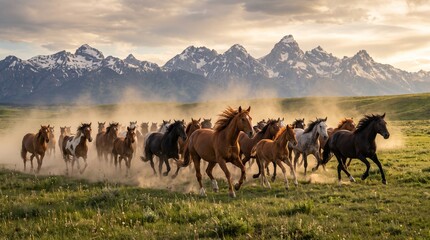Obraz premium Herd of wild horses galloping across a grassy meadow at sunset with snow-capped mountains in the background