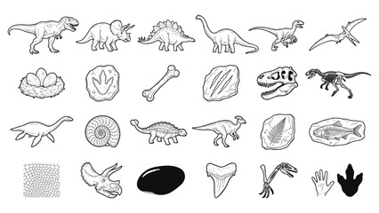 Dinosaur fossils and prehistoric icons in black line art style. © YASMIN