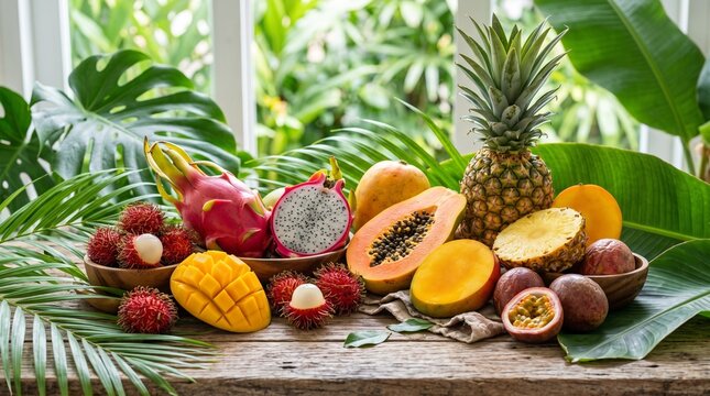 Assortment of fresh tropical fruits including dragon fruit, papaya, pineapple, mango, rambutan and passion fruit on a rustic wooden table with lush jungle background