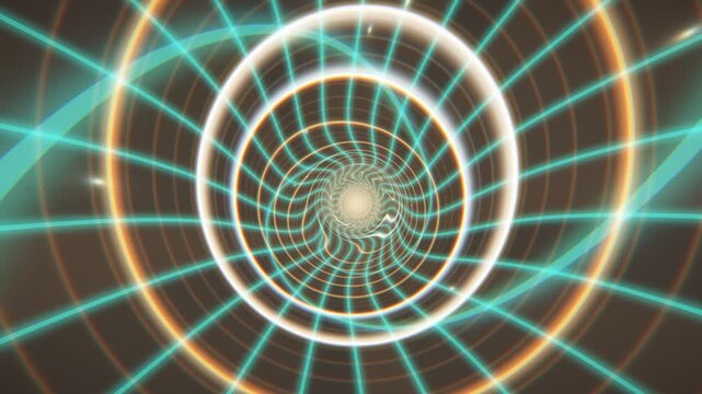 Abstract turquoise and yellow glowing wireframe grid tunnel motion