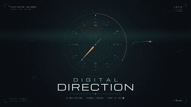 Digital compass navigation interface HUD on dark background with