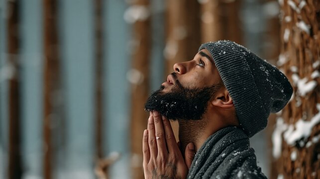 Lifestyle photo: a young man in a beanie standing in a snowy forest looking up at the sky, soft cold light, pastel blue background.