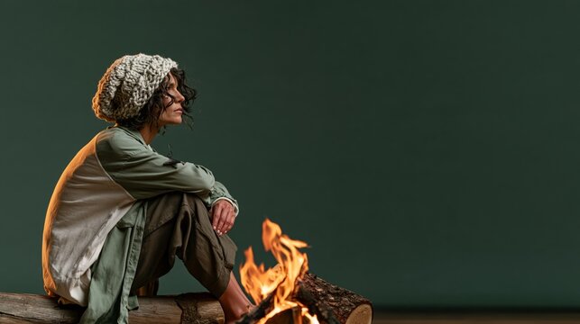 Portrait photo: a woman in a knitted hat sitting on a log looking at a campfire, warm glow on her face, dark green background.