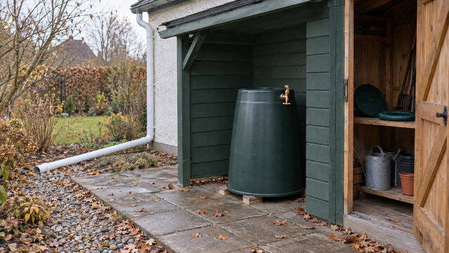 Inverted Rain Barrel Stored Under a Shed for Winter