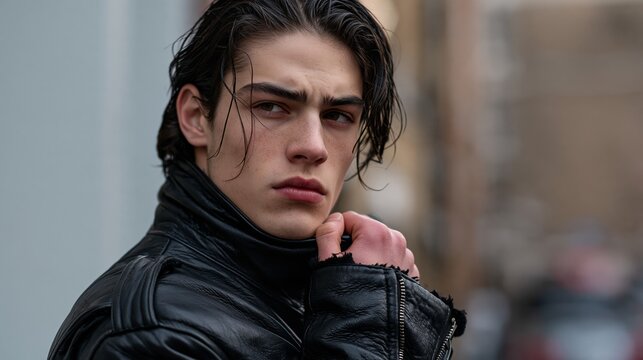 Lifestyle photo: a man in a leather jacket standing on a city street adjusting his collar, soft evening light, pastel grey background.