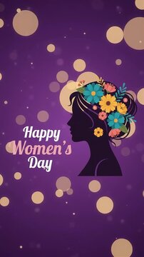 Happy Women's Day greeting with woman silhouette and floral hair motion graphic, ai generated