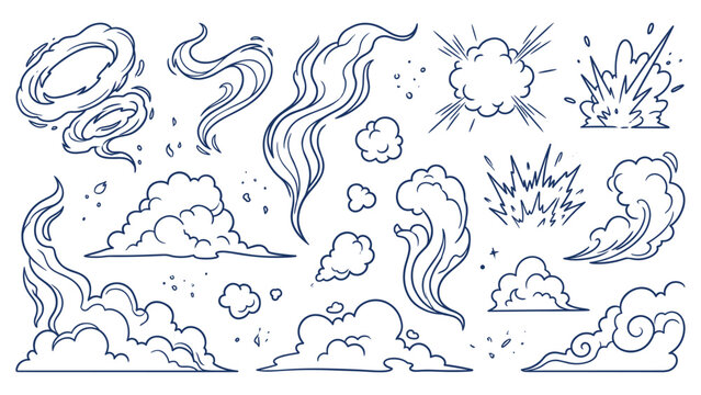 Set of hand drawn comic smoke and dust clouds in line art style.