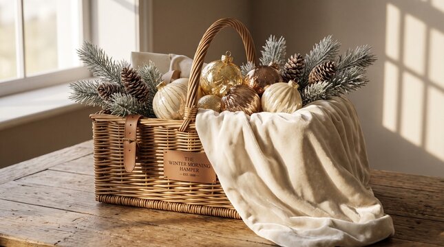 Elegant winter gift hamper in a wicker basket filled with gold and cream Christmas ornaments, pine cones, and a soft blanket on a rustic wooden table.