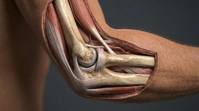 Close-up anatomical cutaway of a flexed elbow joint showing the humerus, radius, ulna, articular cartilage, and collateral ligaments.