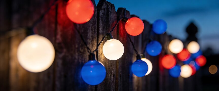 Patriotic red white and blue globe string lights glow on a rustic wooden fence at dusk for a summer celebration background.