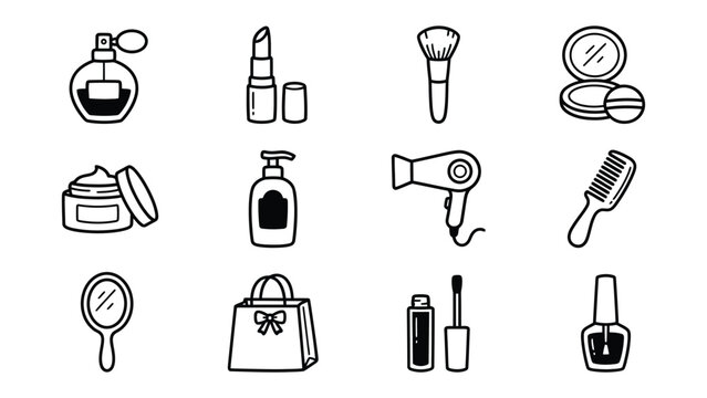 Beauty and Personal Care Icons: A collection of hand-drawn black and white icons representing various beauty and personal care products and tools, including perfume, lipstick, makeup brush.