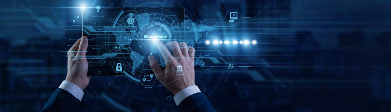 Crypto specialist touching the tablet monitoring decentralized ledger transactions and smart contracts on virtual screen connected to global network. Blockchain secure digital finance system.