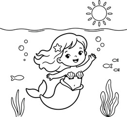 Obraz premium Cute cartoon mermaid swimming underwater coloring page with sun and fish