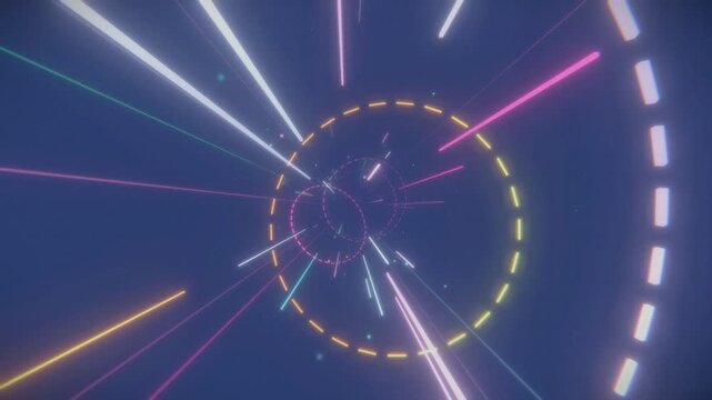 Futuristic neon led lights traveling fast through a glowing tunnel