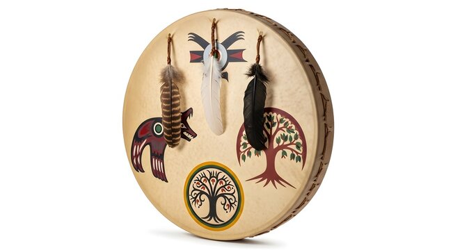 Native American ceremonial drum with painted symbols and feathers against a white background