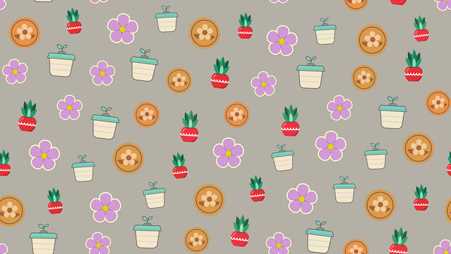 Seamless pattern of potted plants and flowers