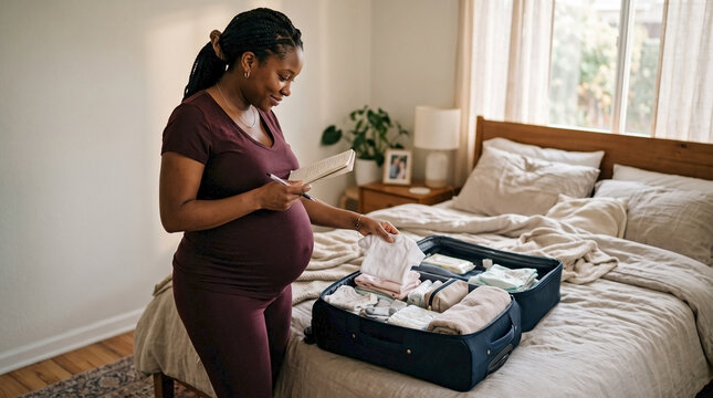 African American expectant mother preparing hospital bag in bedroom, embodying nesting instinct for maternity blogs, baby arrival planning, newborn readiness, and childbirth education.
