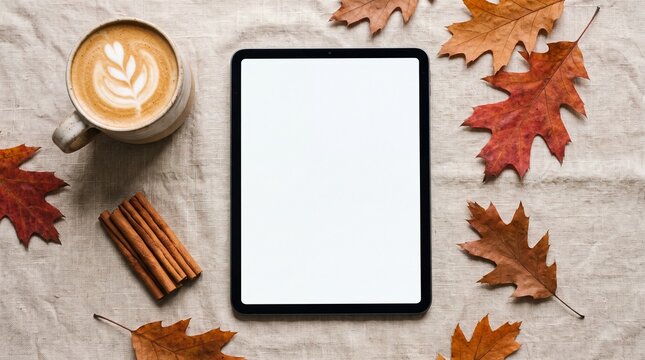Flat lay mockup of tablet with empty screen beside hot ceramic mug and dry oak leaves