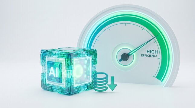 Glowing ai cube beside efficiency gauge for technical optimization