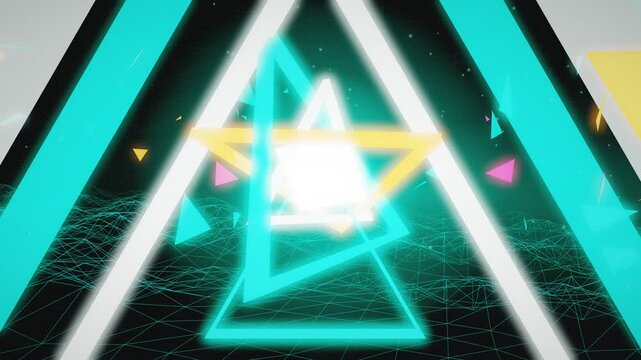 Abstract VJ triangle background loop with wireframe grid and glowing