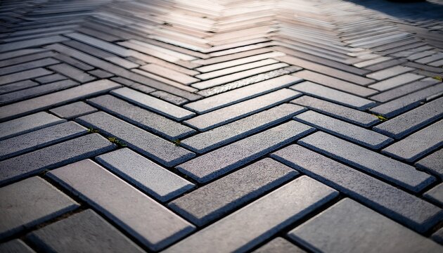 gray concrete pavers forming a clean herringbone geometric pattern of an outdoor walkway close up view emphasizes texture repetition and modern design for urban pathways selective focus