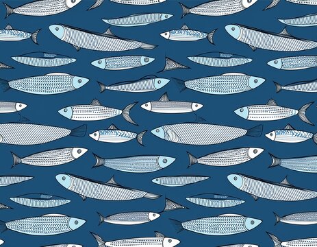 marine seamless pattern of sardines fish blue backdrop with sea or ocean animals aquatic creatures fresh seafood summer print for fabric wallpaper wrapping paper